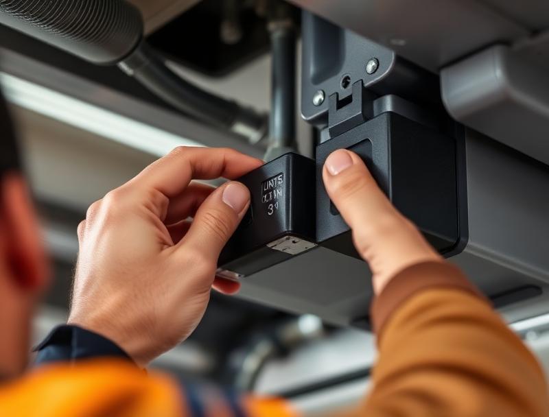 Close-up of garage door limit switch mechanism being adjusted by a professional technician