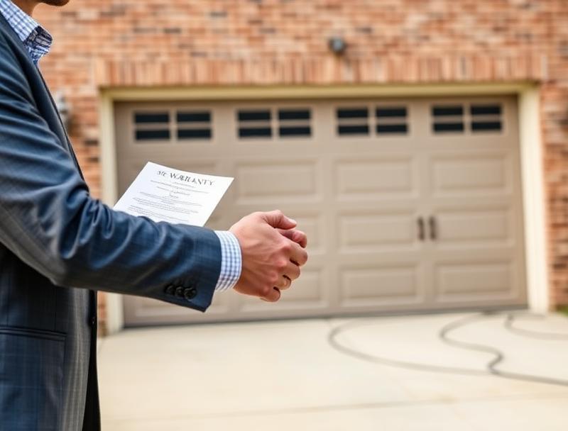 Technician explaining warranty documentation to homeowner next to new garage door installation